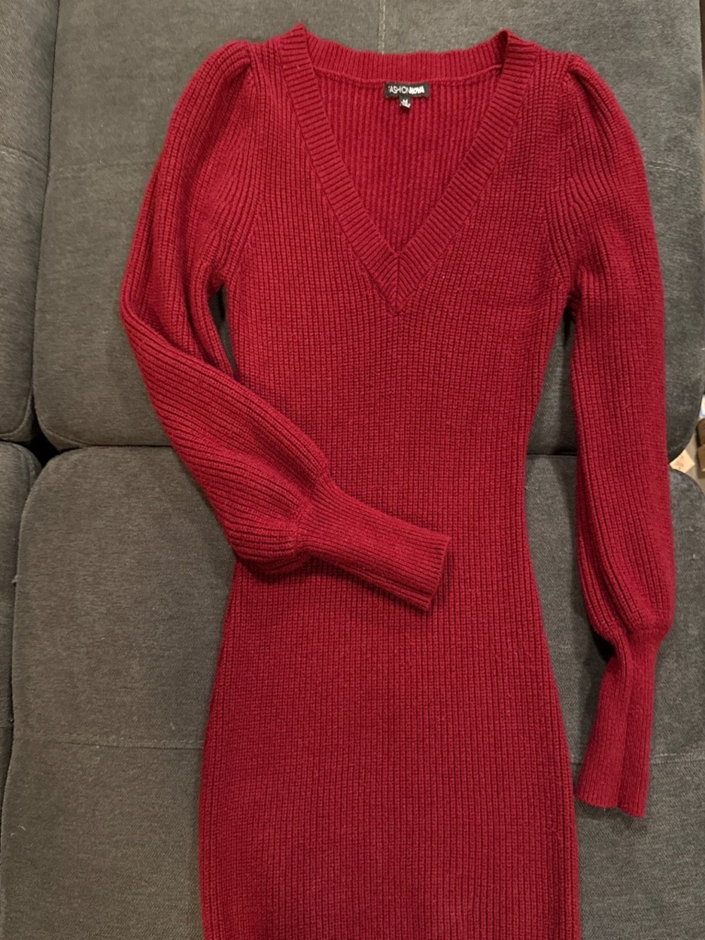 Burgundy Long Sleeve Knit Sweater Dress with Bell Lantern Sleeves